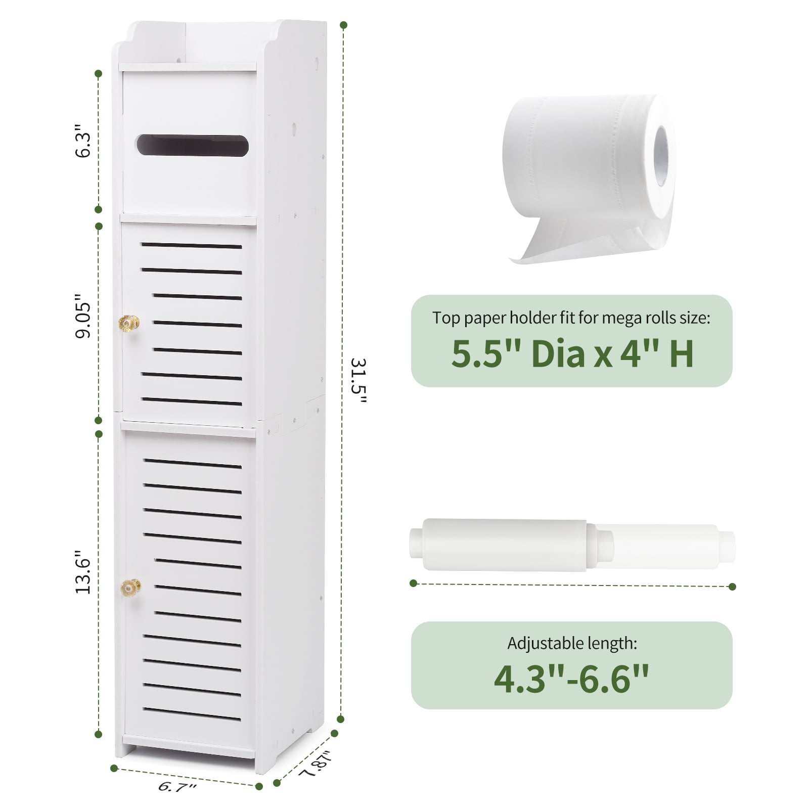 PHANCIR Toilet Paper Holder with Roll Holder, Bathroom Storage Cabinet Beside Toilet for Small Spaces, Store Mega Rolls, White