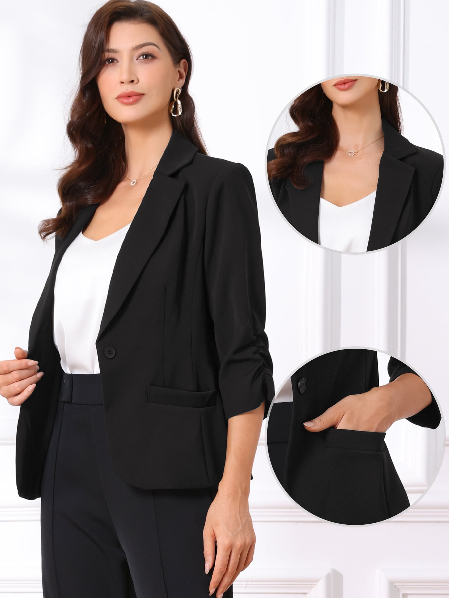 DARING DIVA Women's Blazers Business 3/4 Ruched Sleeve Notched Lapel Suit Jackets S Black