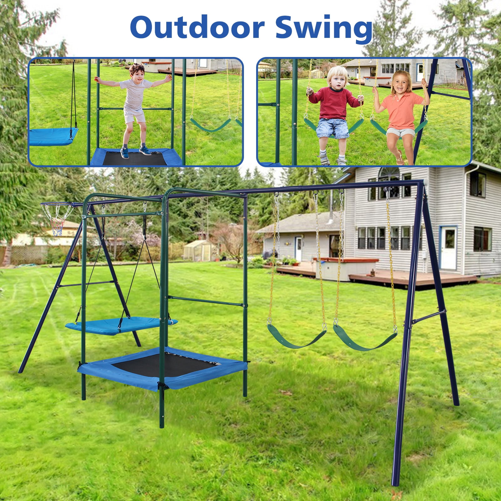 Hommoo 4 in 1 Swing Set With Belt Swing, Hammock Swing, Trampolone,Basket Rim for Backyard, Multicolor