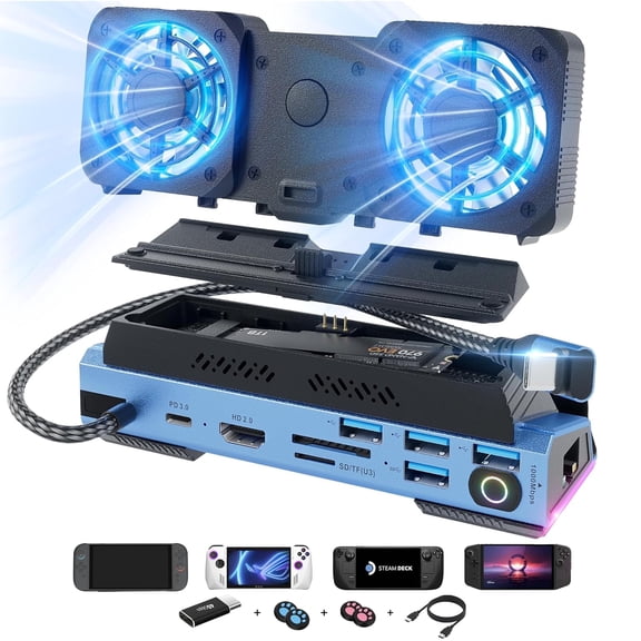 14 in 1 Switch 2 Deck Docking Station with Dismantling Cool Fans M.2 NVMe Enclosure,4K@60Hz,1000Mbs Ethernet,SD/TF,4 USB A,100W PD Charging 40Gbps Adapter for Steam Deck/Rog Ally/Switch 2/Legion Go