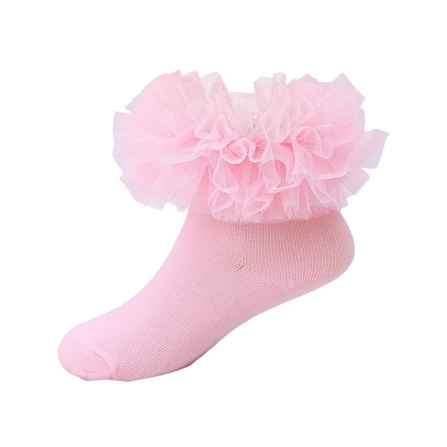 Karoyedx Ensemble de Chaussettes pour Enfants Chaussettes à Volants Chaussettes Bébé Fille Robe en Dentelle à Double Volants Chaussettes Tutu pour Enfants de 6-8 Ans, Rose