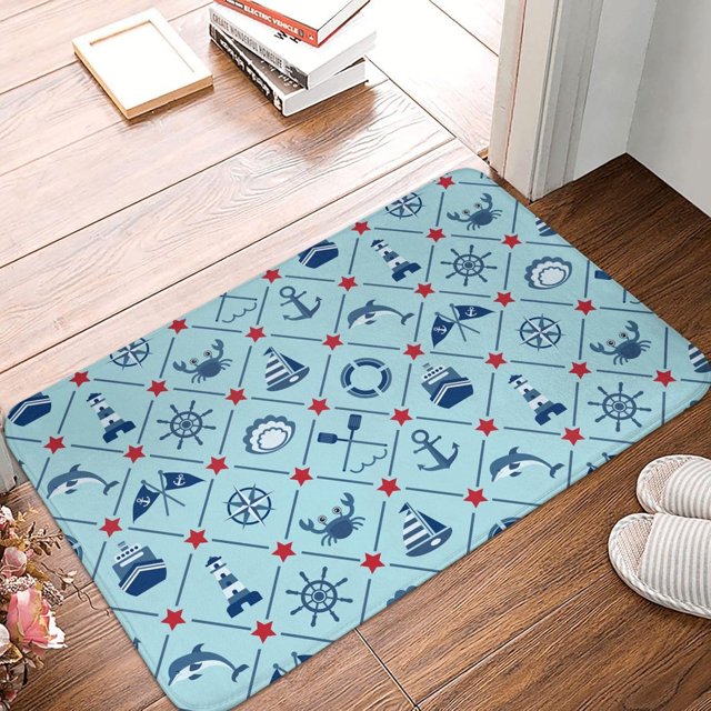 Front Door Mat Cute Crabs Anchor Rudder Bedroom Entryway Rug Non-Slip Washable Indoor Carpet Doormat Decorative Low Profile Area Rug for Home Living Room Bedroom Laundry Floor Decor, 24 x 16 Inch