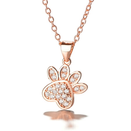 - Rose Gold Over Sterling Silver Genuine Crystal Dog Paw Pendant Necklace