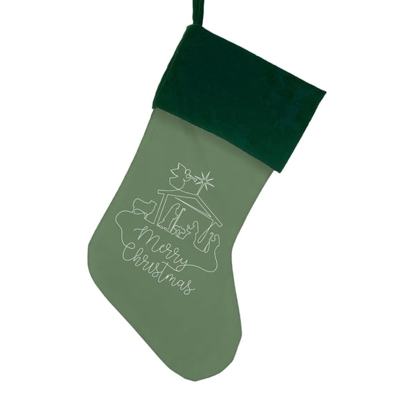 Merry Christmas Nativity Green 19" Sublimatable Stocking Green Cuff