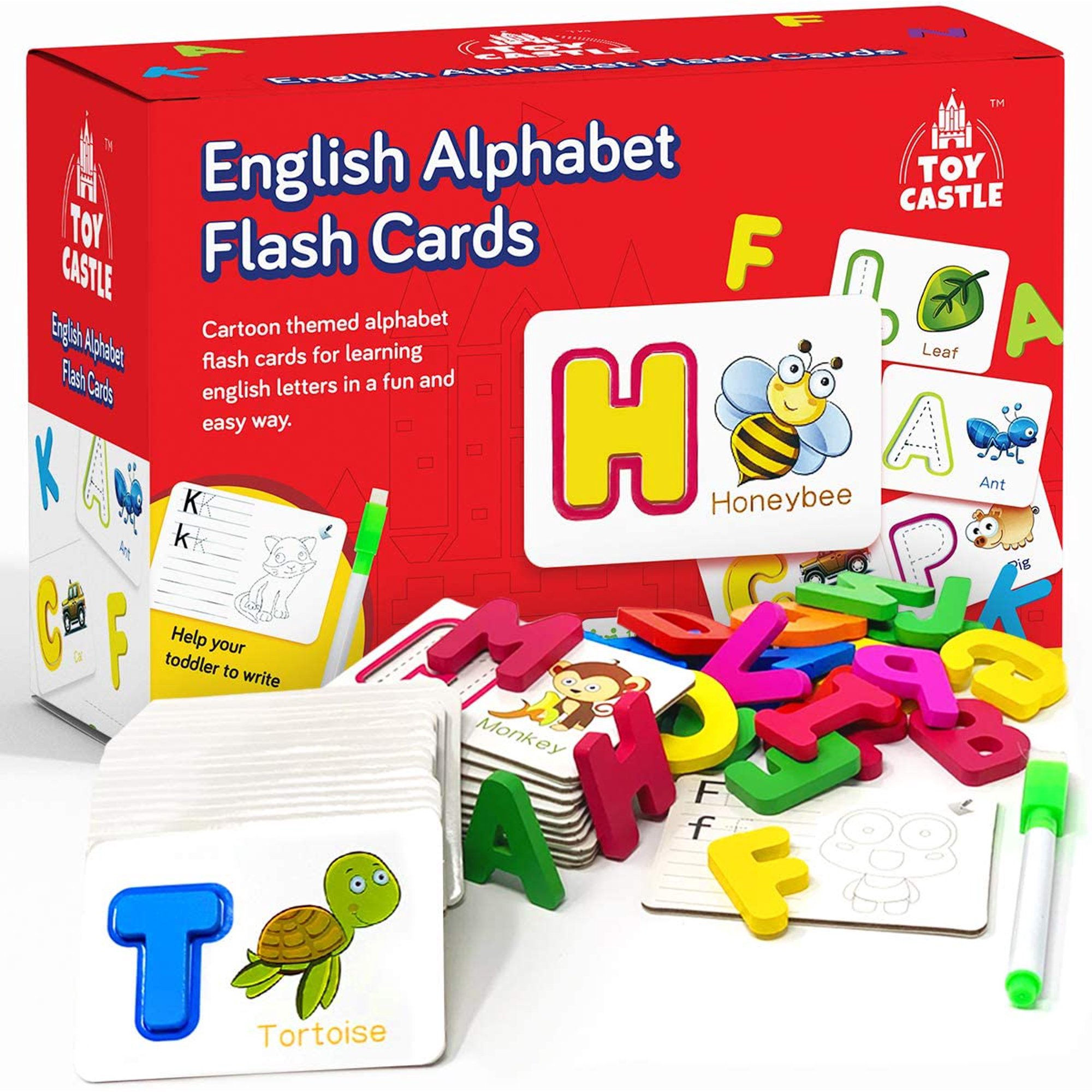 TOY CASTLE English Alphabet Flash Cards Toddler Toys Toddler Learning and Preschool Activities Montessori Toys for Toddlers ABC Wooden Letters Sight Words Flash Cards Kindergarten