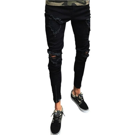 Hemiks Men's Zipper Ripped Stretch Knee Patch Skinny Distressed (Best Ripped Jeans Mens)