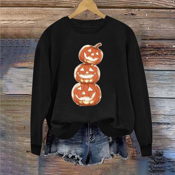CLOISE Womens Crewneck Sweatshirt Graphic Halloween Fleece Lining Trendy Pullover Pumpkin Long Sleeve Tops Fall Winter Slim Outfits for Daily Wear Black XL