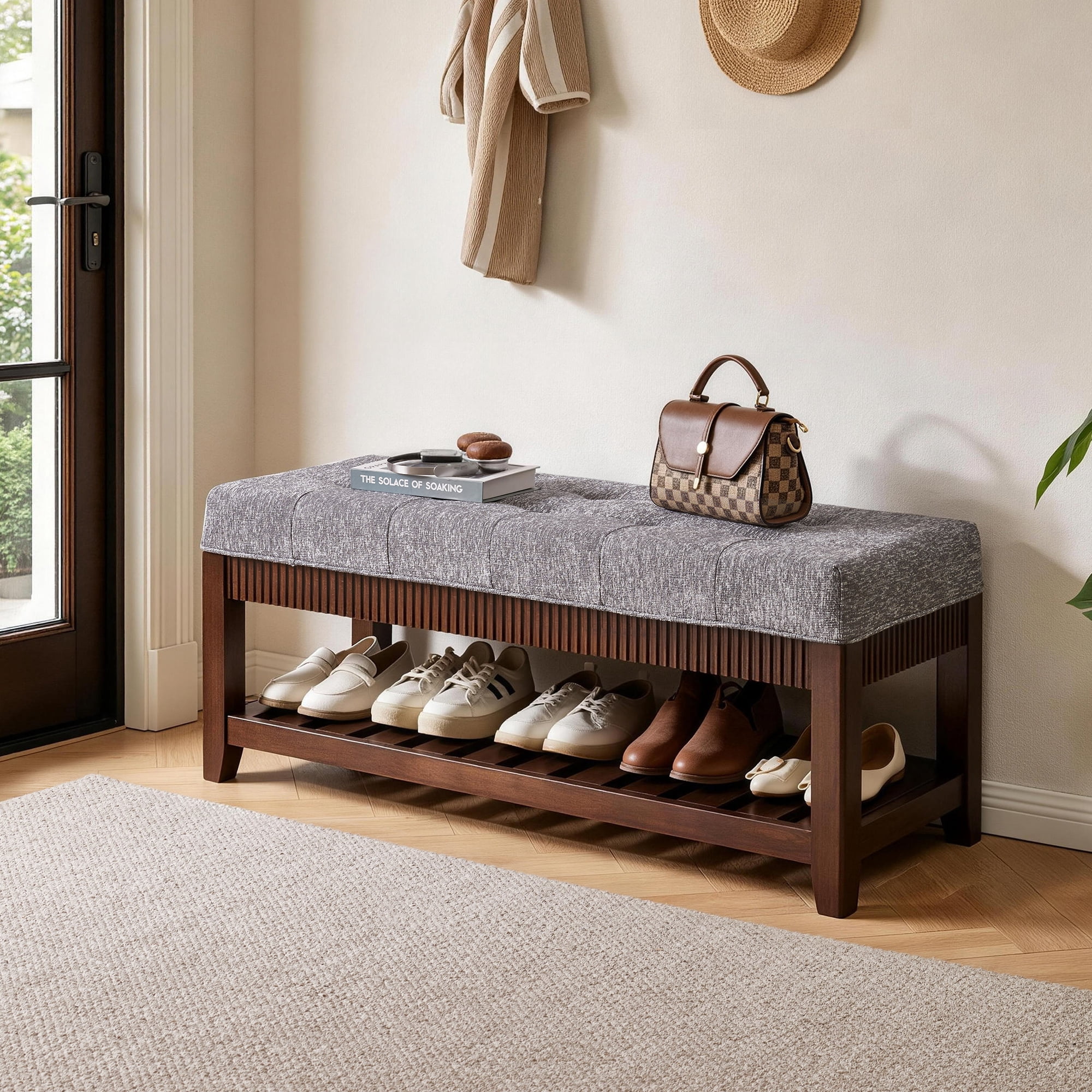 Garitin Entryway Bench and Solid Wood Shoe Bench 43.7 Inch, Upholstered Storage Bench with Padded Cushion and Lower Shoe Rack for Foyer, Gray