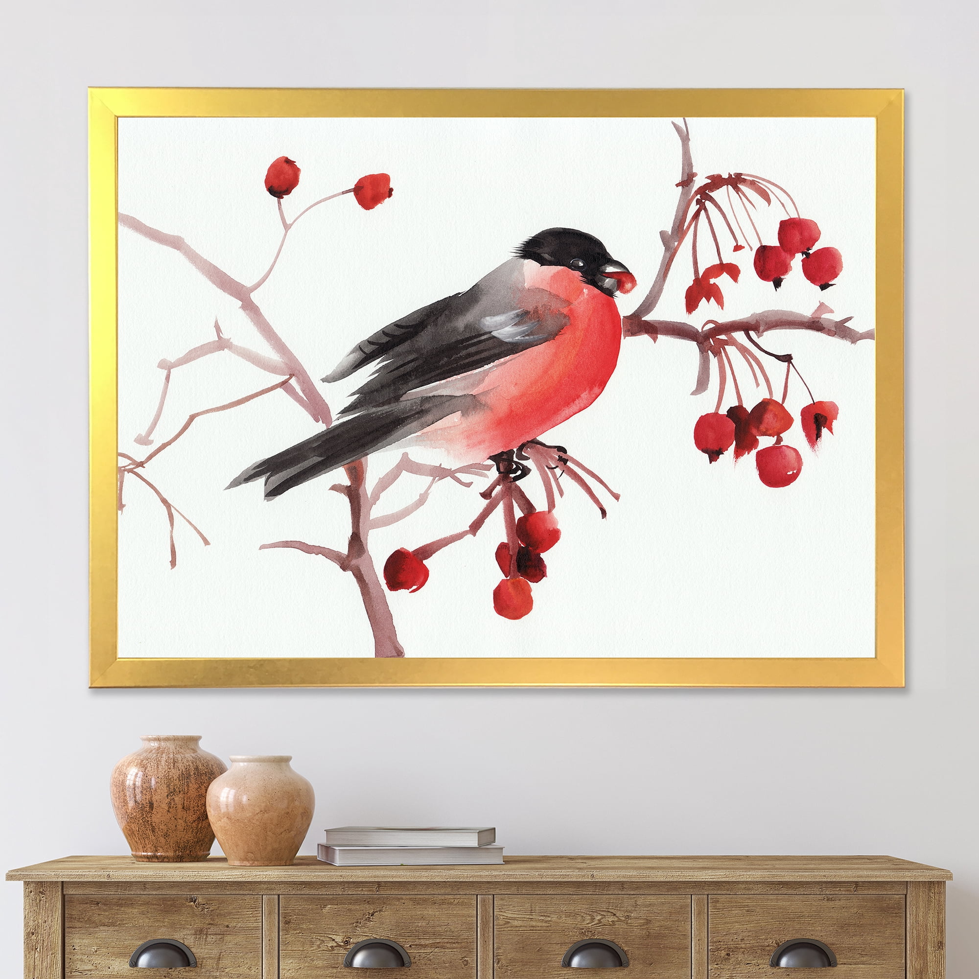 Designart 'Bullfinch Bird Sitting On A Branch' Traditional Framed Art Print