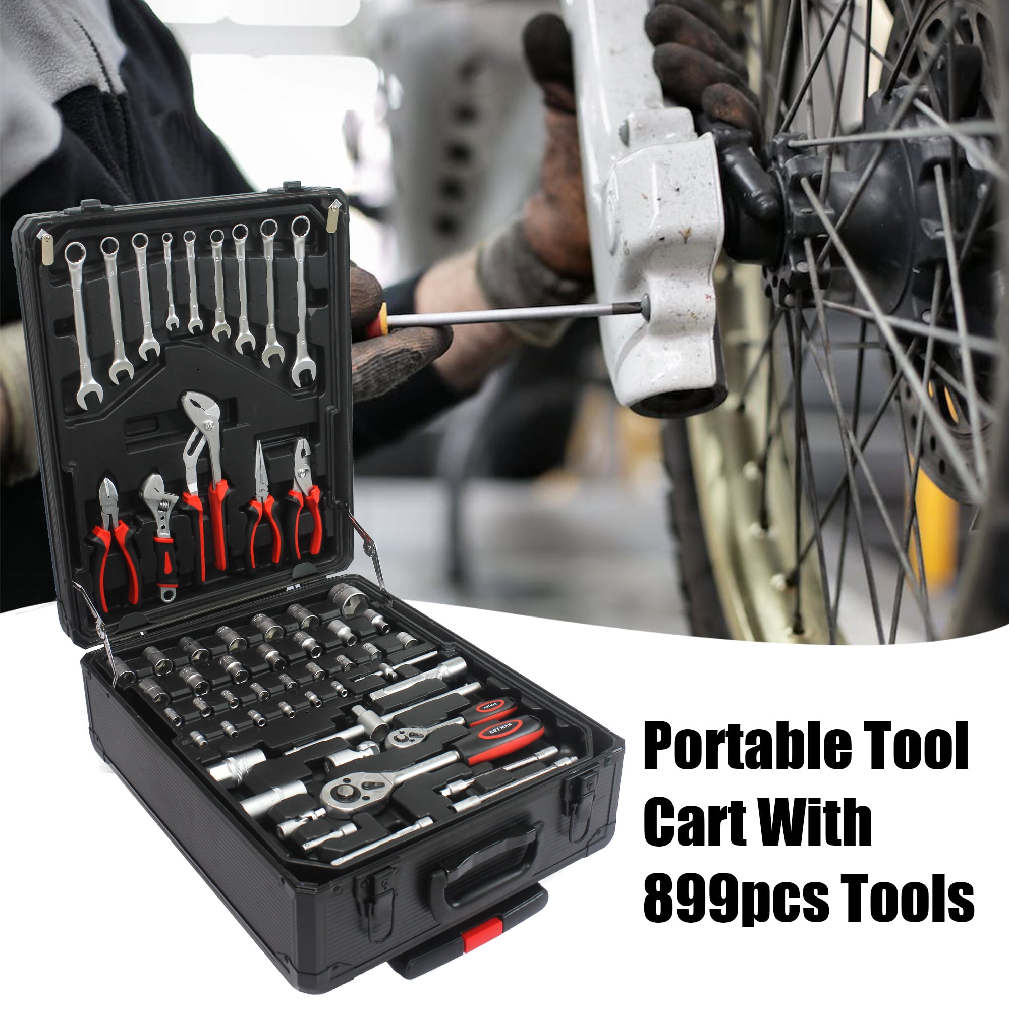 JXXRZ 899-Piece Home Repair Tool Set with 4-Drawer Rolling Toolbox Case for Maintenance, Garden, Homeowner, Handyman -Black