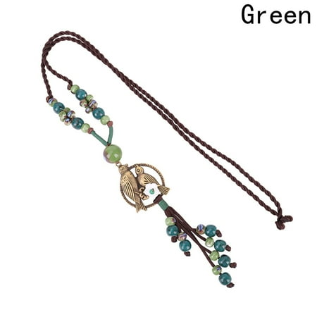 Flower And Bead Necklace AkoaDa Tassels Necklace Flower Bird Pendant Chain Ceramic Beaded Women Bohemian Fashion Jewelry Vintage Ethnic Long Rope ()