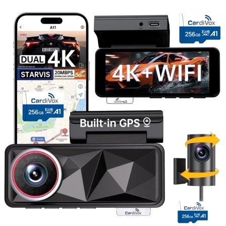 CardiVox 4K Dash Cam Front and 2K Rear Dash Camera Sony STARVIS, WiFi GPS Free 256GB