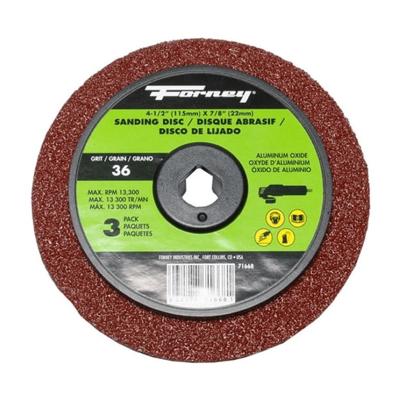 Forney Industries Resin Fibre Sanding Disc, Aluminum Oxide, 4-1/2 in x 7/8 in Arbor, 36 Grit