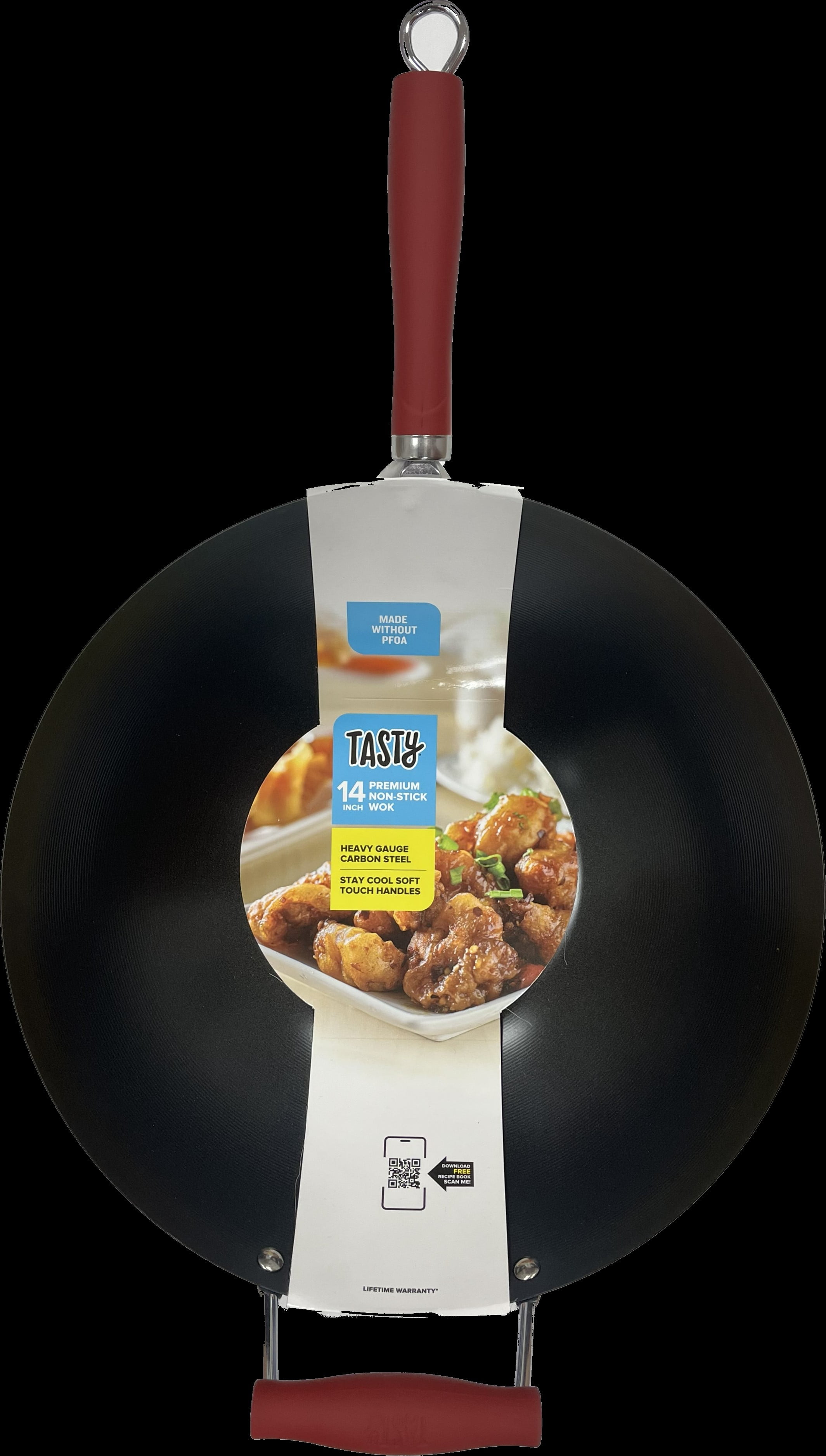 Tasty 14” Carbon Steel Wok, Non-Stick Flat Bottom Stir Fry Pan with Silicone Handle