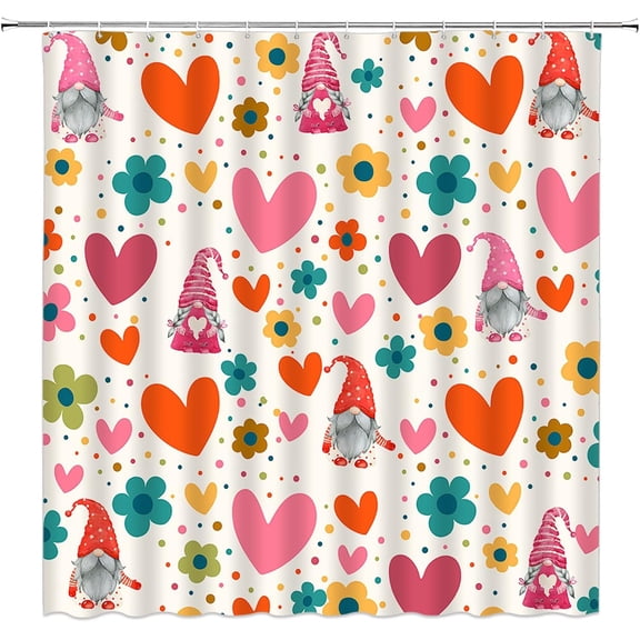Valentine''s Day RV Shower Curtain Small Stall,Colorful Heart Flower Boho Cute Gnome Eff Love Couple Sweet Romantic Bathroom Decor Curtain with Hooks,