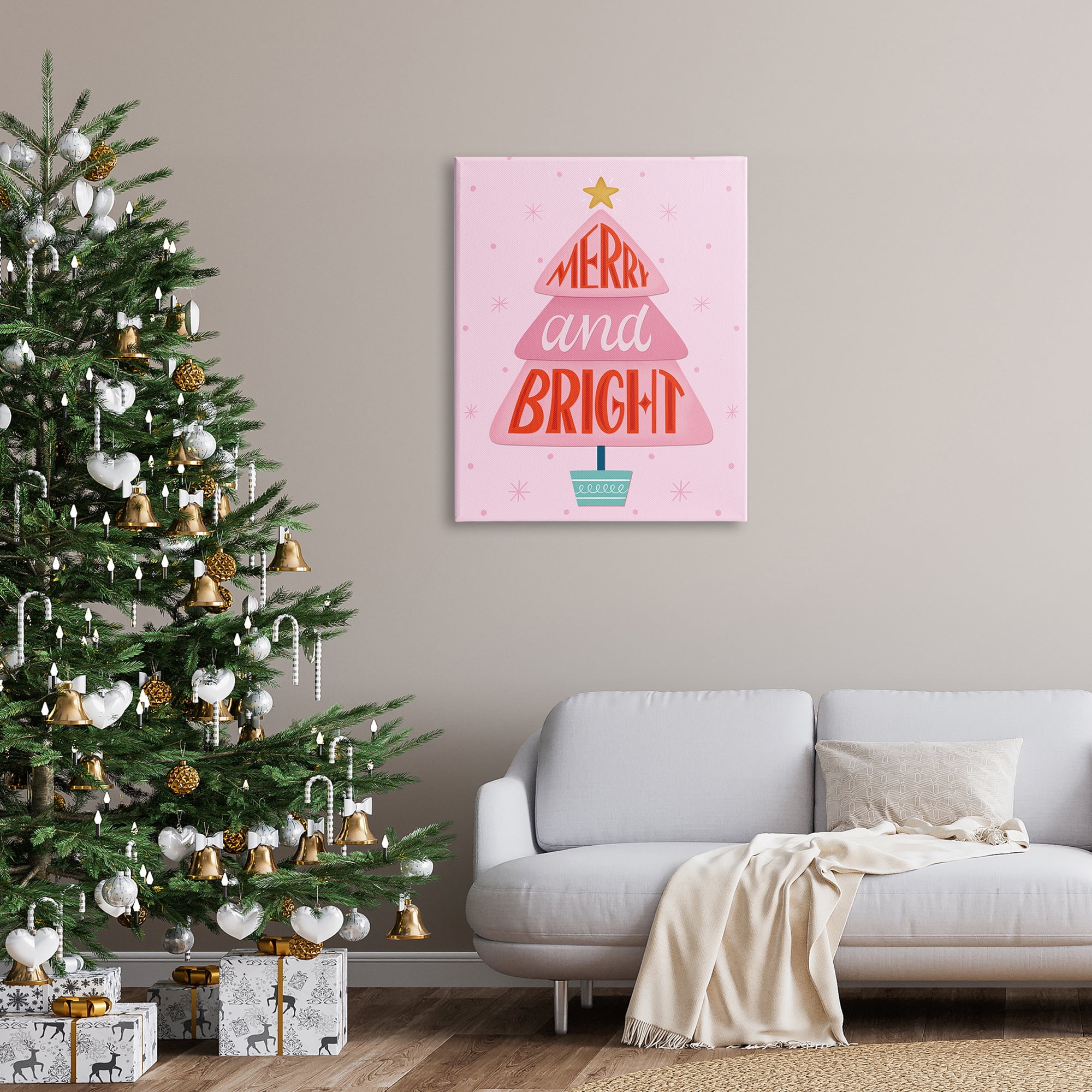 Merry & Bright Typography Pink Christmas Tree Pattern Inspirational Graphic Art Gallery-Wrapped Canvas Print Wall Art