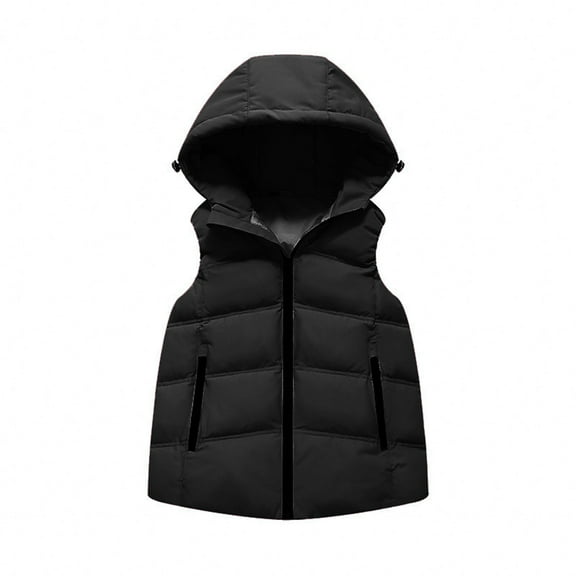 Cnbwig Casual Jackets for Kids Girl Winter Warm Thickened Down Vest Solid Color Sleeveless Zipper Jacket with Hood Cozy Outerwear with Pocket Boys Outdoor Wear Children Coat B Black 6-7 T