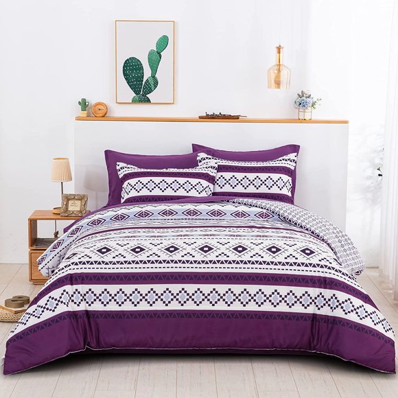 SURJDE Boho Purple Comforter Set Queen,7 Pieces Bed in a Bag Geometric Bohemian Soft Microfiber Queen Size(1 Comforter,2 Pillowcases,1 Flat Sheet,1 Fitted Sheet,2 Pillow Shams), 90''×90''