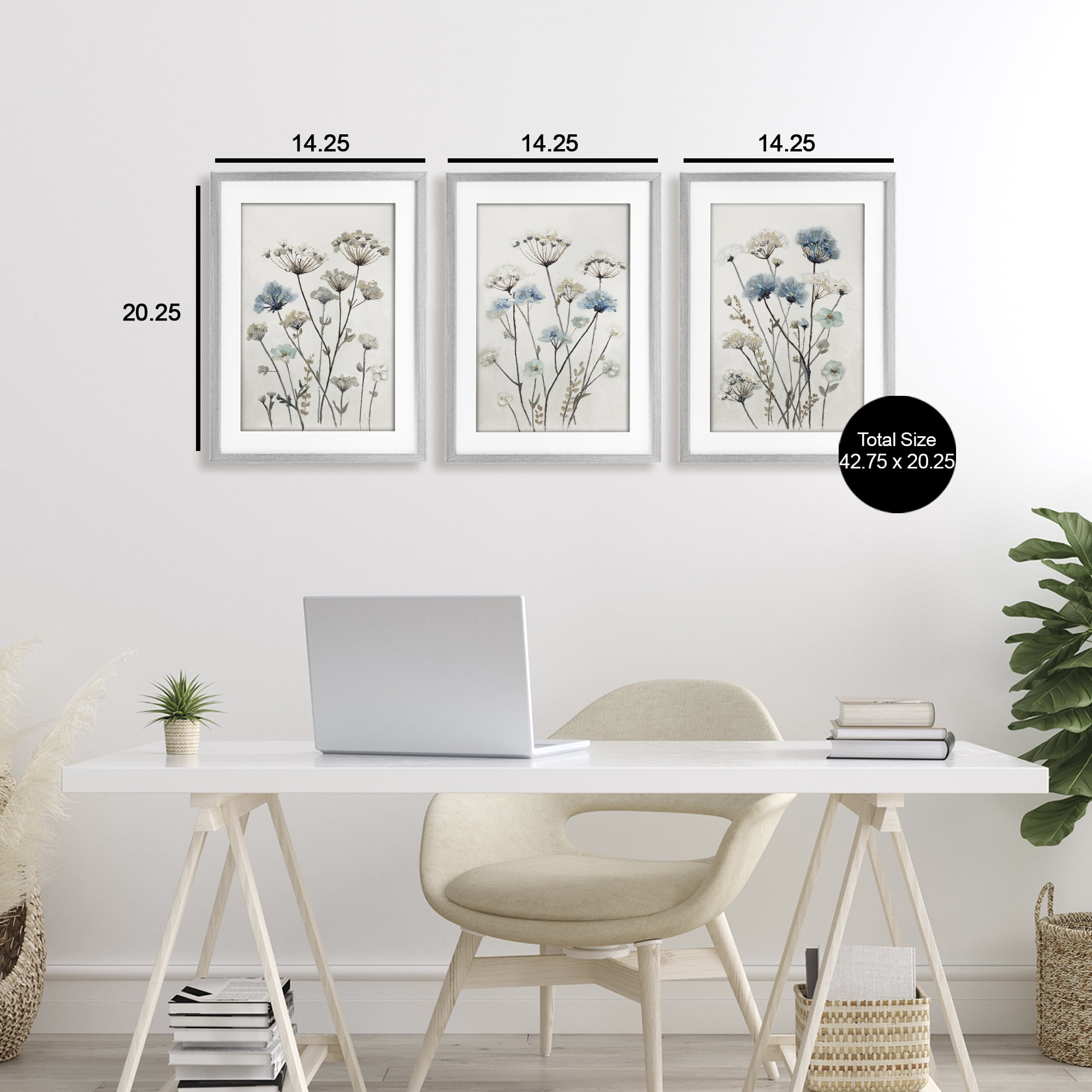 Stupell Industries Neutral & Blue Garden 3 Piece Gray Framed Print Under Glass Set, design by Patricia Pinto
