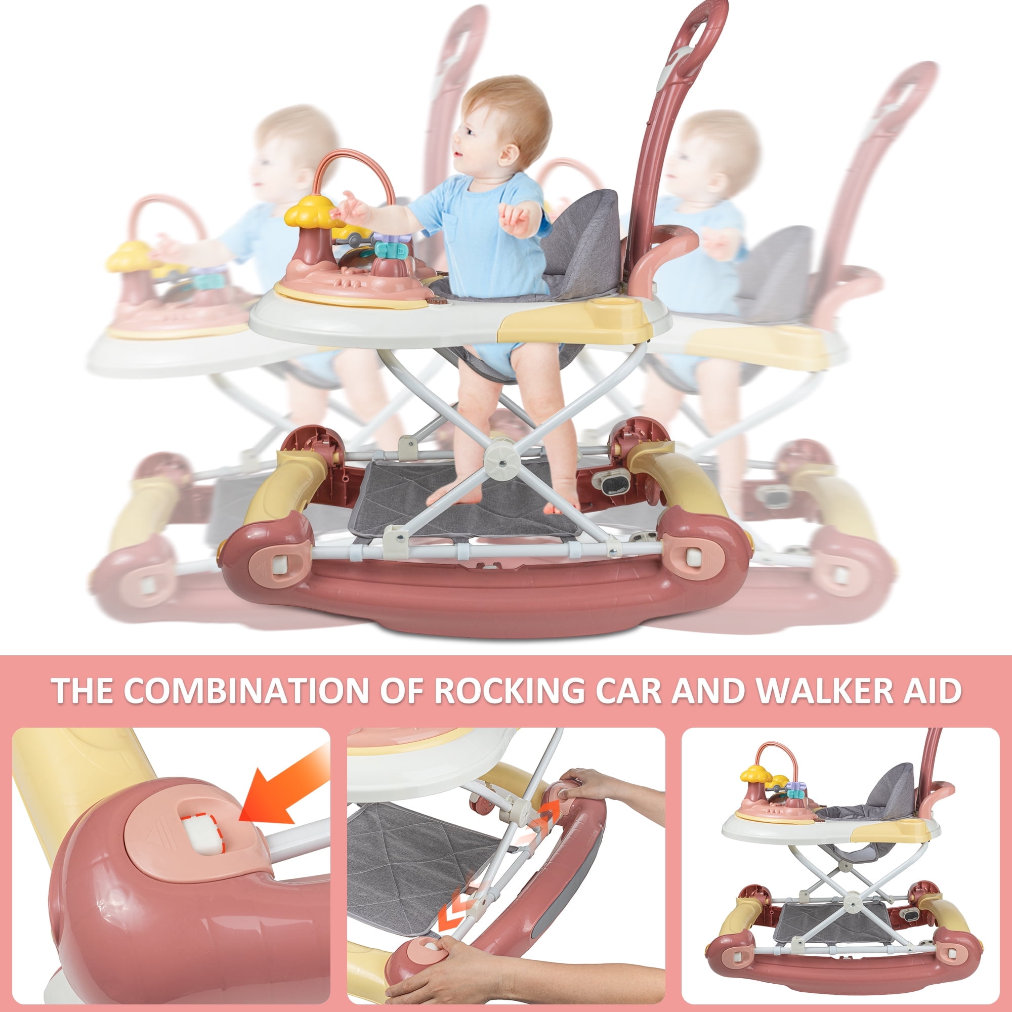 JieC 5-in-1 Baby Walker with Wheels,Infant Toddler Walkers Bouncer for Boys Girls,Pink
