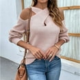thumbnail image 3 of Suéter de punto con mangas abullonadas y cuello cruzado con hombros descubiertos de color sólido para otoño e invierno para mujer, 3 of 6