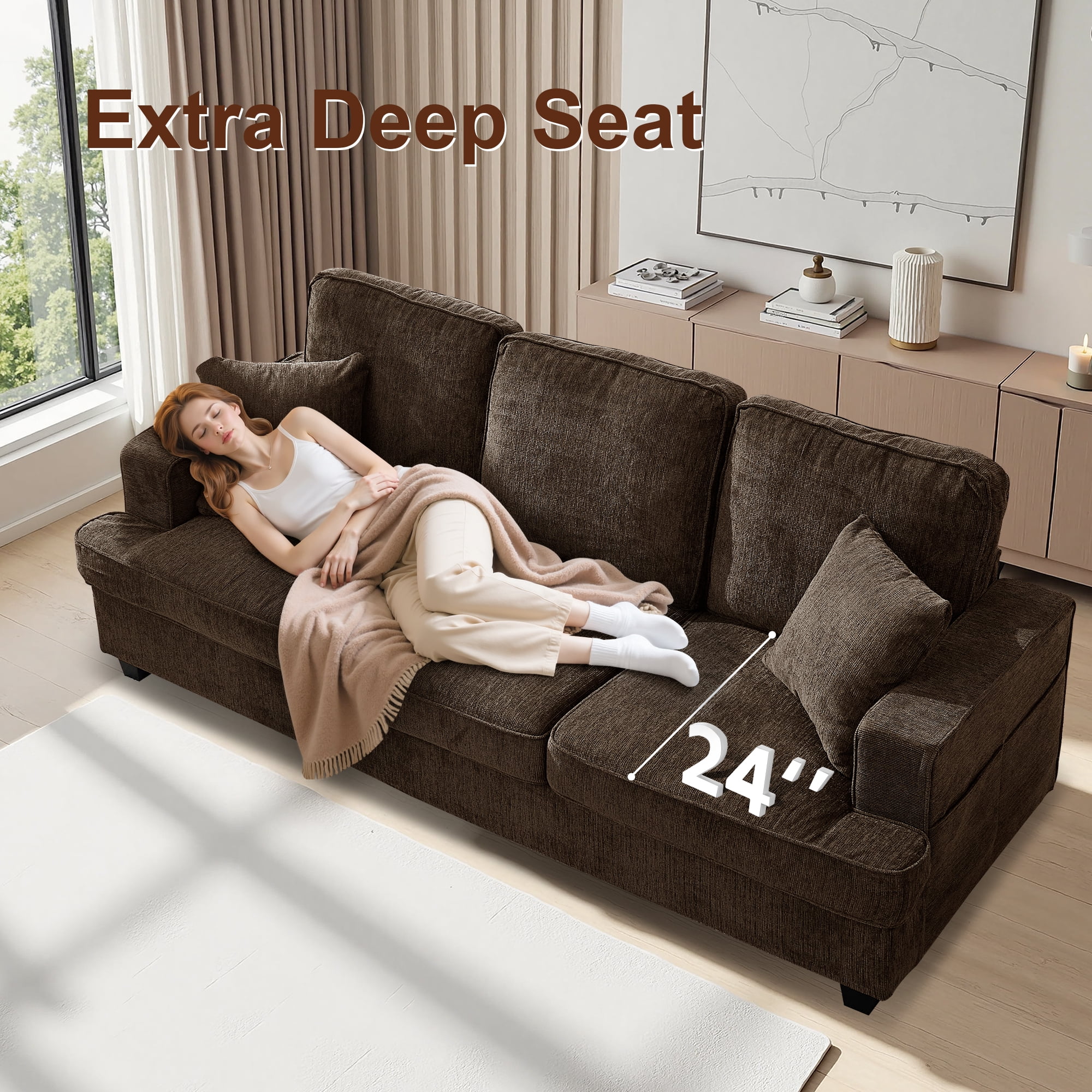Korser 89" Chenille Sofa 3 Seater Couch with Extra Upholstered Deep Seats for Living Room,Removable Cover,Assembly Required,Brown