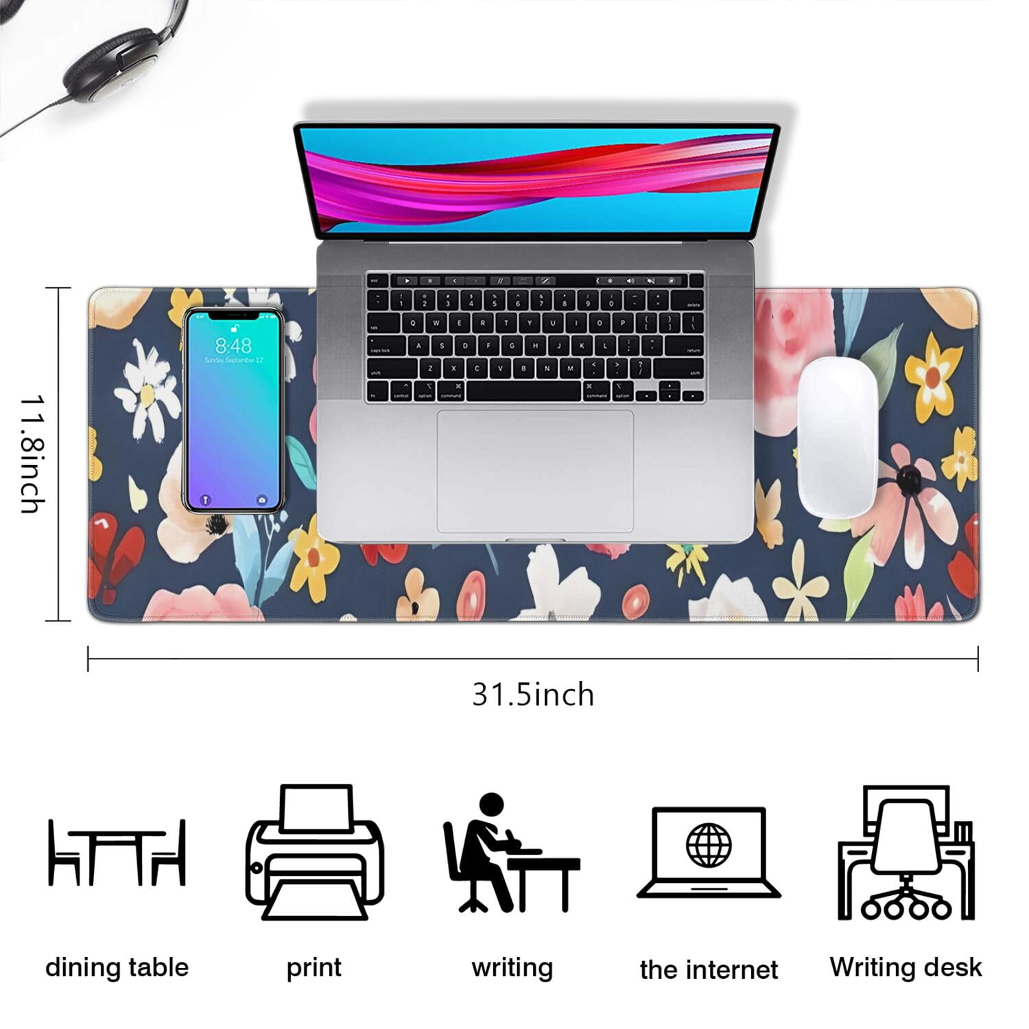 Long Mouse Pads for Desk,Pioneer Flower Floral Print Pattern Desk Mats on Top Of Desks, Desk Mouse Pad Extra Large with 3mm Non-Slip Base and Stitched Edge for Gaming,Office,Work,Home 31.5"x11.8"