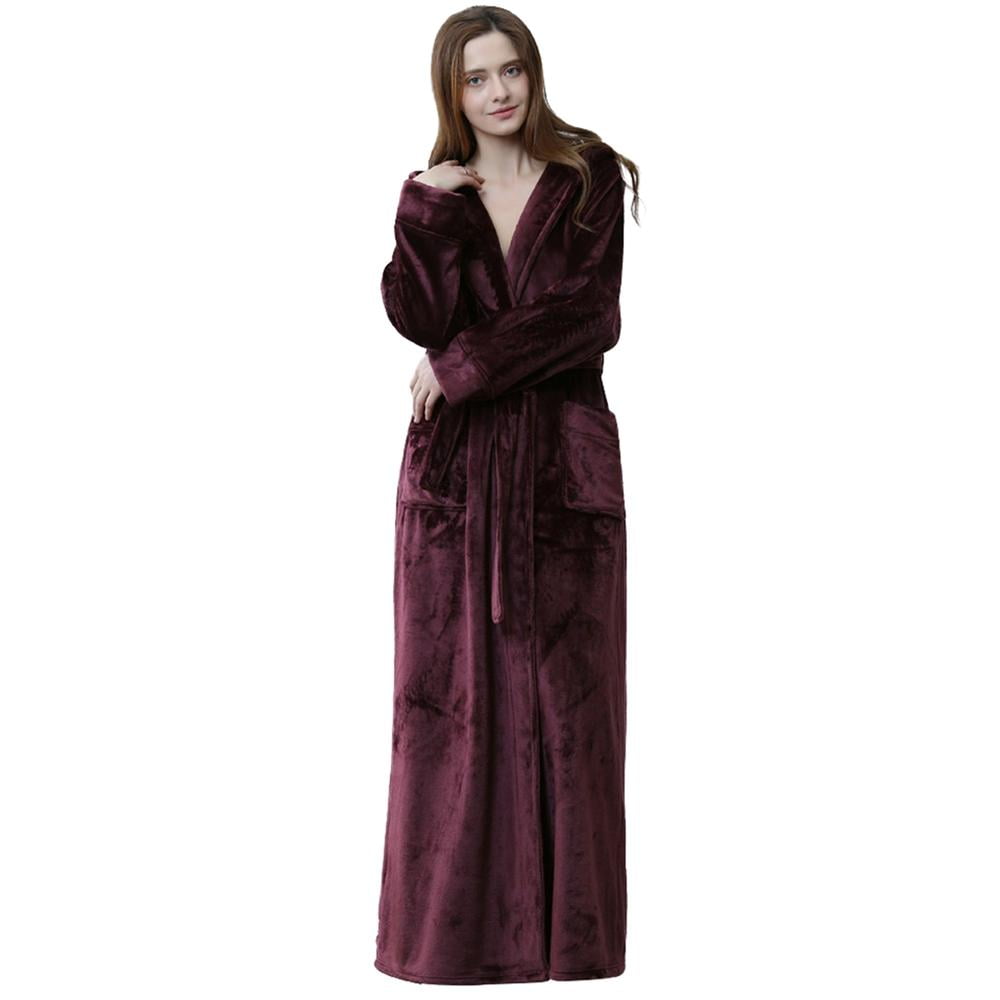 Ladies Flannel Fleece Dressing Gown Robe Satin Trim Grey Red Navy Long Length 