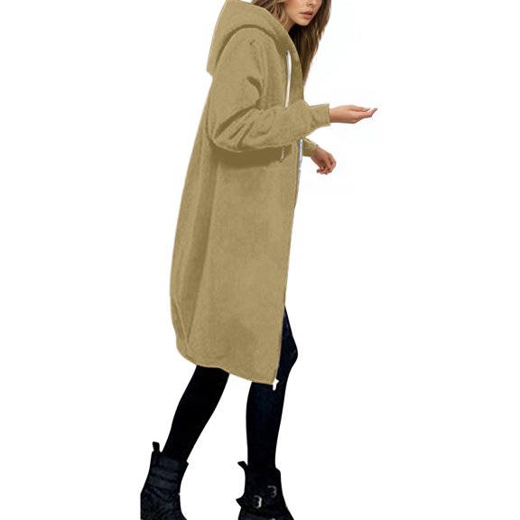 Luwomo Women's Casual Jackets Zipper Long Sleeve Hooded Drawstring Warmth Versatile Outerwear Everyday Activities with Pockets Blouses Beige,L