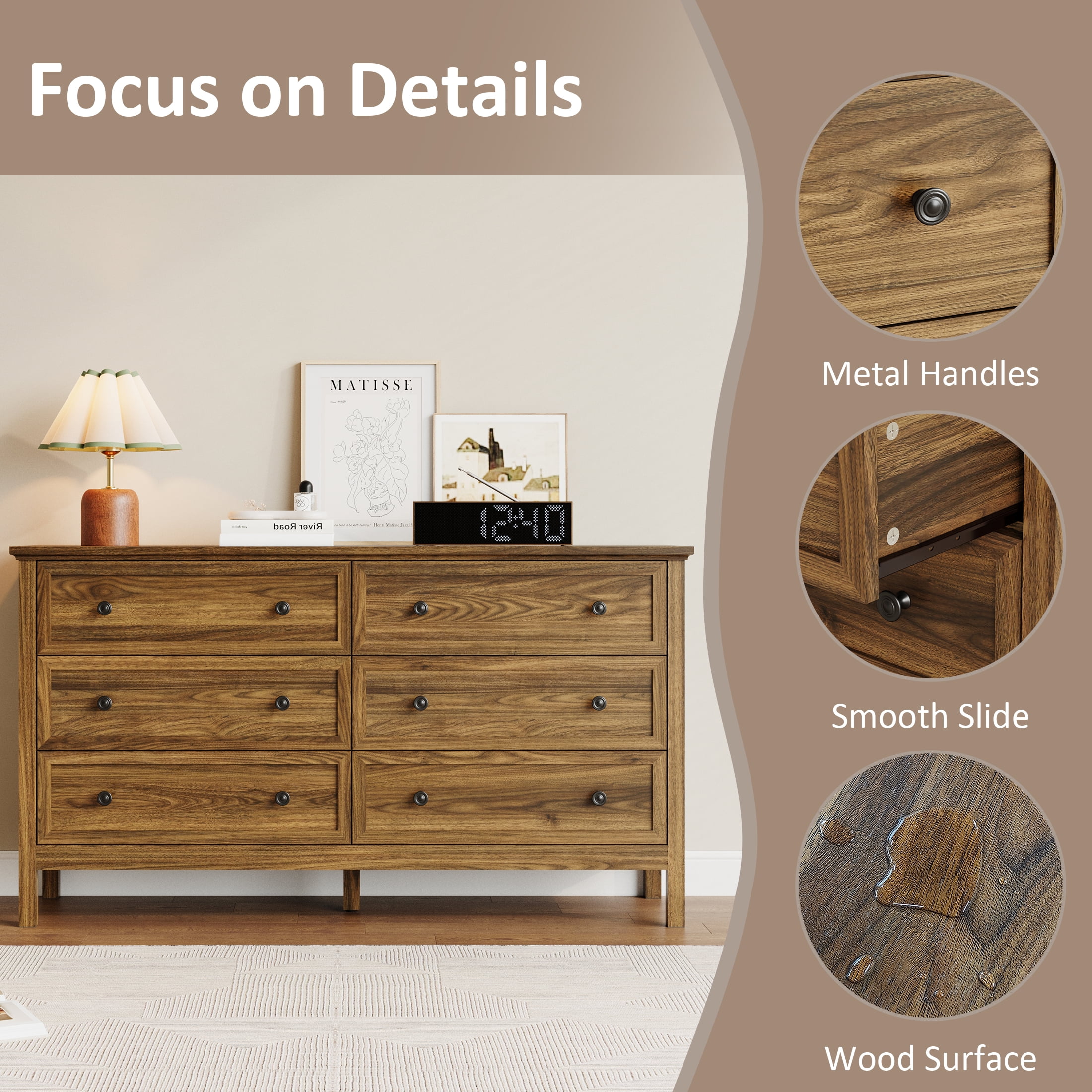 YouTrend Brown Large Dresser with 6 Drawer for Bedroom,Traditional Adult Chest of Drawers with Golden Handles for Living Room,Hallway