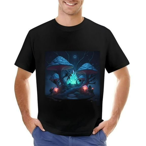 Men's Cotton Short Sleeve T-Shirt with Enchanting Glowing Mushroom and Mystical Forest Design Perfect for Nature Lovers