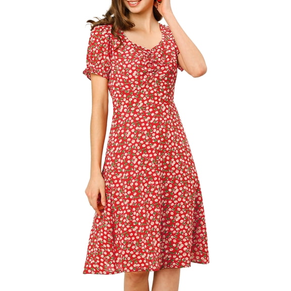 INSPIRE CHIC Women's Printed Sweetheart Neck Puff Sleeves Hidden Side Zipper Smock Midi Dress XS Red