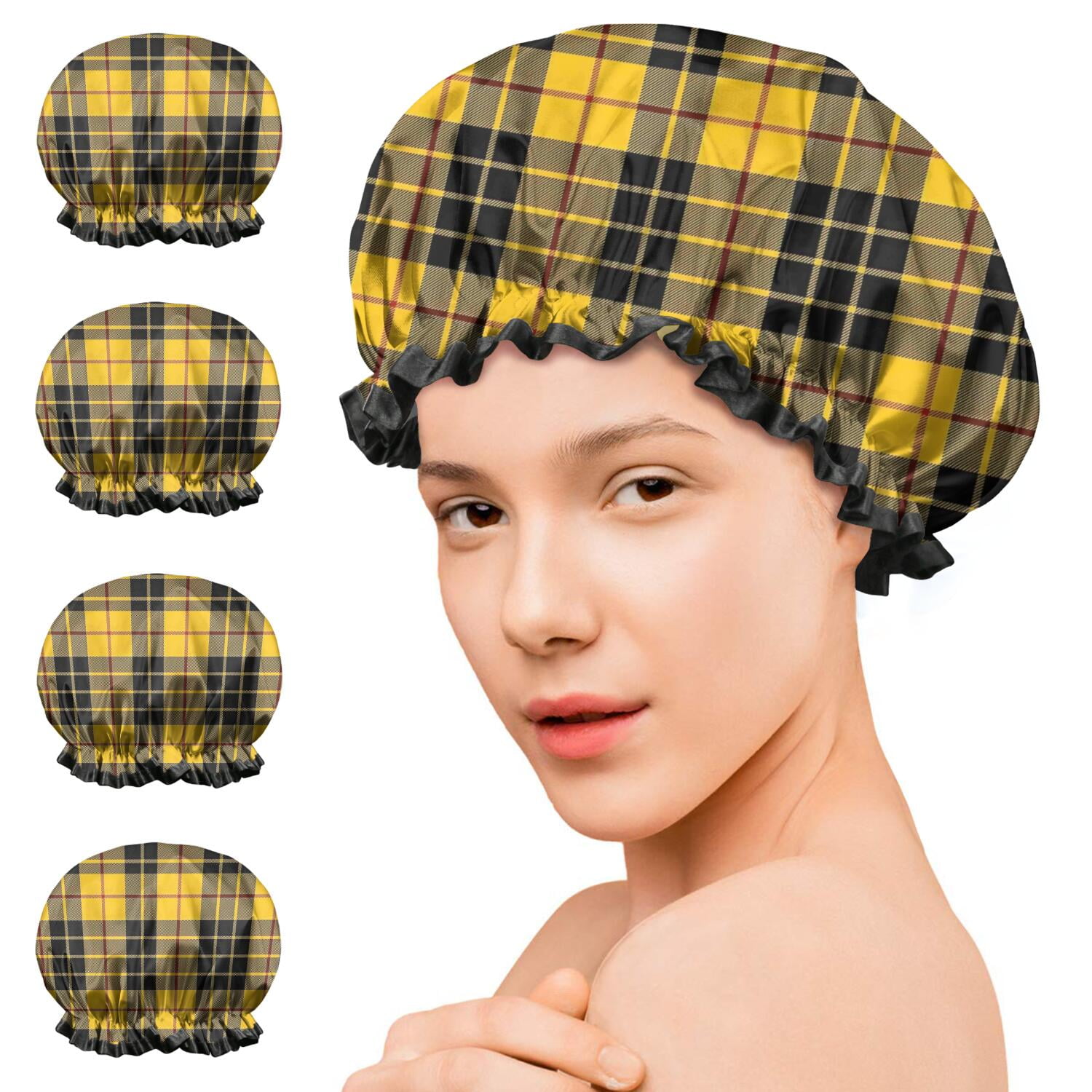 Shower Caps,Yellow Black and Red Checkerboard Checkered Pattern Waterproof Shower Cap for Women 4 Pieces,Double Reusable Hair Cover for Shower PEVA Elastic Stretch Hem