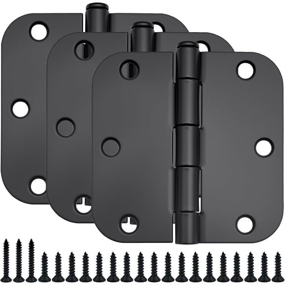 3 Pack Matte Black Door Hinges 3.5 Inch 5/8" Radius Corners, Rounded Interior & Exterior Doors Hinge with Screws, Heavy Duty Hinges for Doors 3 1/2 Inch Flat Iron Residential Door Hardware