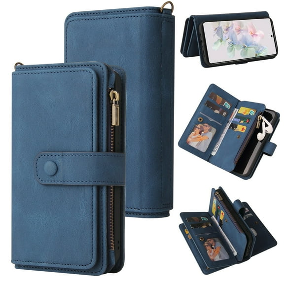 Phone Case for Google Pixel 8a, Google Pixel 8a Wallet Case, Luxury Folio Flip Leather Cover [Zipper Pocket] [Wrist Strap] [Kickstand] for Google Pixel 8a, Blue