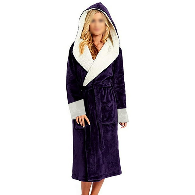 Fashnice Women Sleepwear Long Sleeve Sherpa Robes Solid Color Fuzzy Plush Bathrobe Warm Sleeping Fleece Robe Purple XL