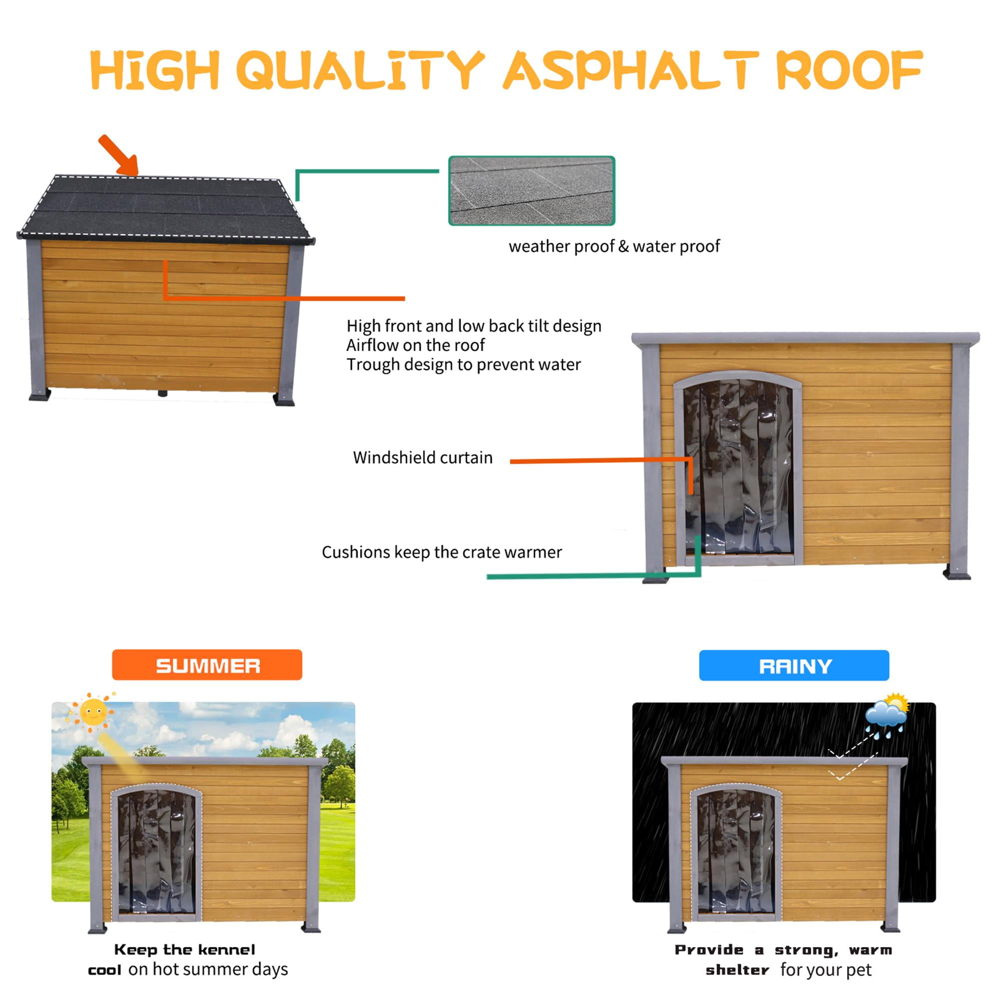 Pefilos 45" Wooden Dog Houses for Large Dogs Outdoor Weatherproof Pet House with Plastic Curtain, Insulation Mat, Brown Pefilos 45" Wooden Dog Houses for Large Dogs Outdoor Weatherproof Pet House with Plastic Curtain, Insulation Mat, Brown