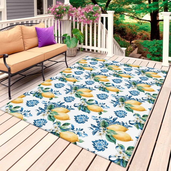 Blue Flowers Outdoor Rug for Patio/Deck/Porch, Non-Slip Large Area Rug 5 x 7 Ft, Yellow Lemons Summer Fruit Pastoral Indoor Outdoor Rugs Washable Area Rugs, Reversible Camping Rug Carpet Runner
