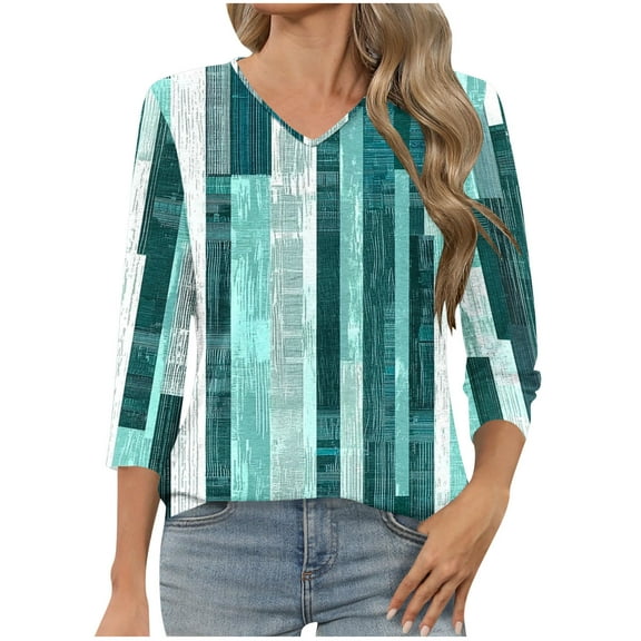 ZQUUVOU Women's T-Shirt Casual Plaid V-Neck 3/4 Sleeve Blouse A-Mint Green (2XL)