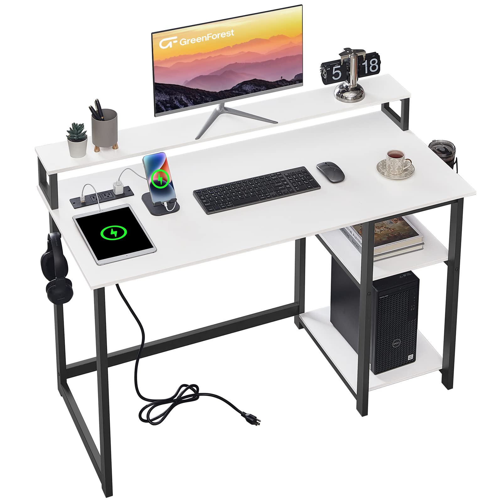 GreenForest Small Computer Desk with USB Charging Port and Power Outlet, Home Office Desk with