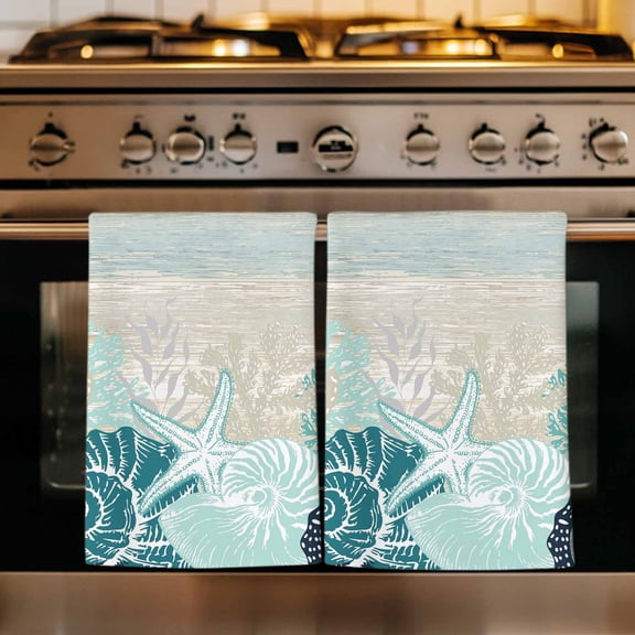 Coastal Coral Kitchen Towels Set of 2, Ocean Starfish Beach Conch Turquoise Wood Absorbent Dish Towels for Kitchen, Microfiber Hand Towel, Quick Drying Tea Towel for Cleaning Decorative Dishcloths