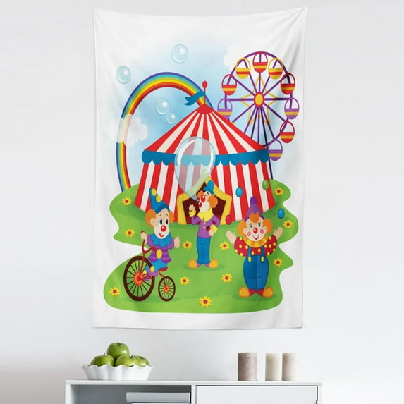 Vintage Tapestry, Circus Scene with Clowns on Grass Rainbow Ferris Wheel Happy Bubbles Theme, Fabric Wall Hanging Decor for Bedroom Living Room Dorm, 5 Sizes, Multicolor, by Ambesonne