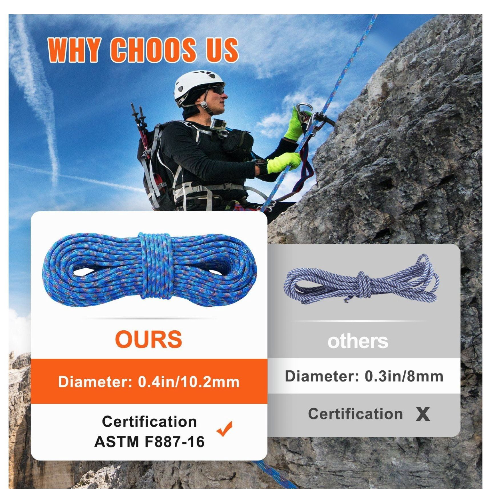 10.2mm Climbing Rope 60M - Dynamic Rope for Rock Climbing, Rappelling, Rescue - 25KN Strength with Steel Hooks - Blue