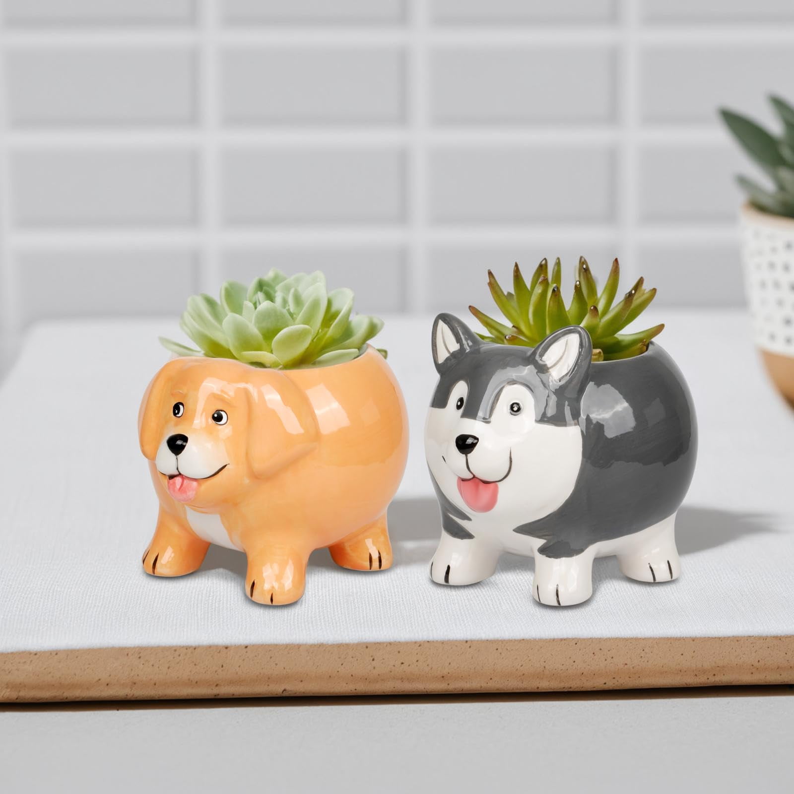 BUYMAX 4-Pack 4 inch Ceramic Dog Planters, Mini Succulent Pots Gift for Dog Lovers