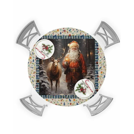 

Round Tablecloth with Elastic Merry Christmas Santa Claus with Deer Waterproof Stain-proof Table Cover Wipeable Fitted Table Cloths for 45 -54 Round Tables Dining Kitchen Indoor Outdoor Use