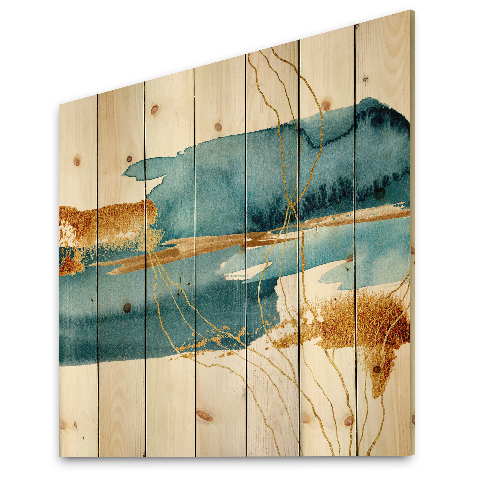Designart 'Golden Laminaria Branch With Blue Underwater Plant' Modern Print on Natural Pine Wood