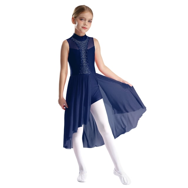 RUNQHUI Robe de Danse Ballet à Sequins pour Filles, Robe de Patinage Artistique Sans Manches Ourlet Irrégulier en Maille Bleu Marine 12