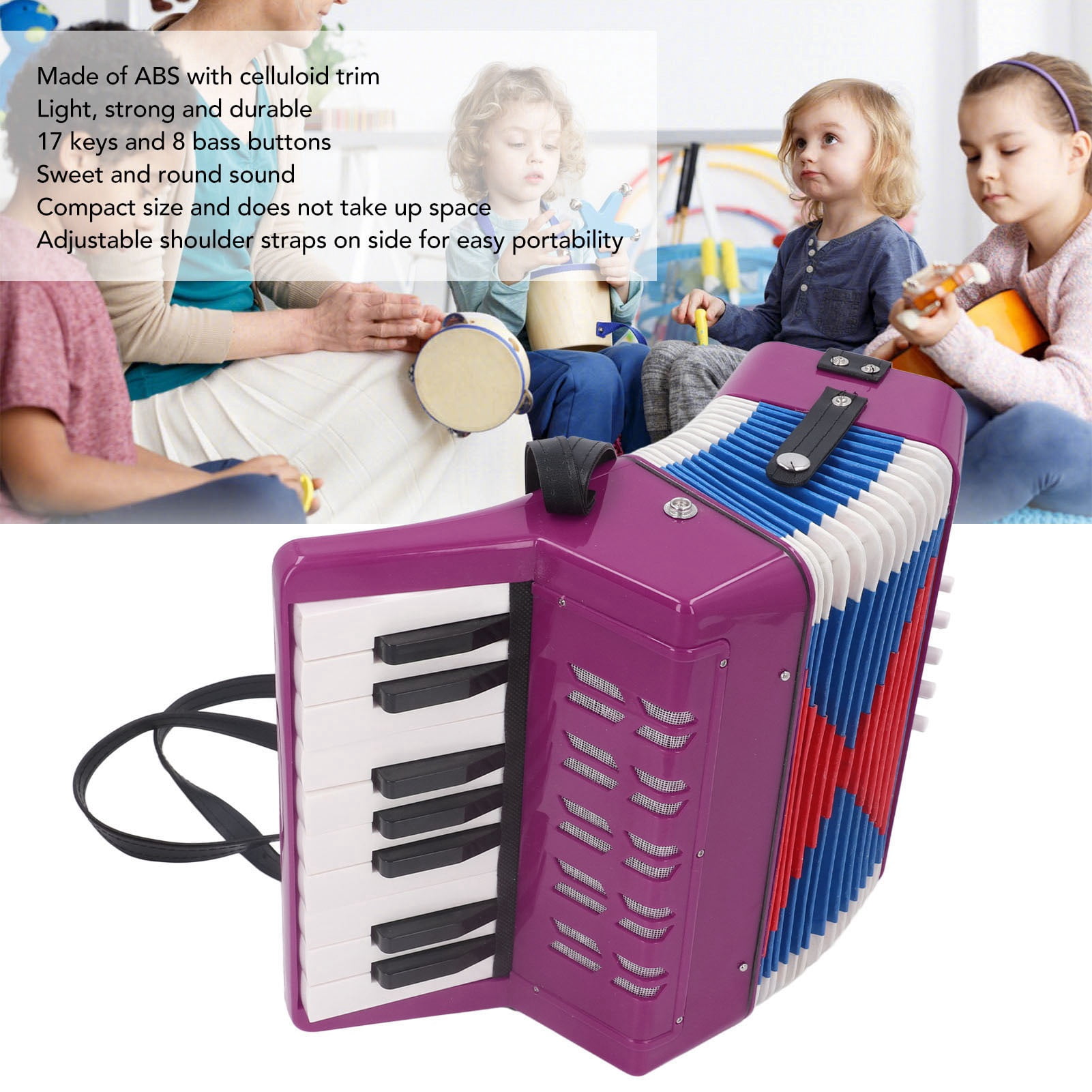 Piano Accordion 9.1 X 9.1 X 3.9 Inches Entry Level Piano Accordion ABS Plastic With Retractable Leather Strap 17 Keys 8 Bass Keys Entry Level Accordion Portable Accordion For Kids Beginners