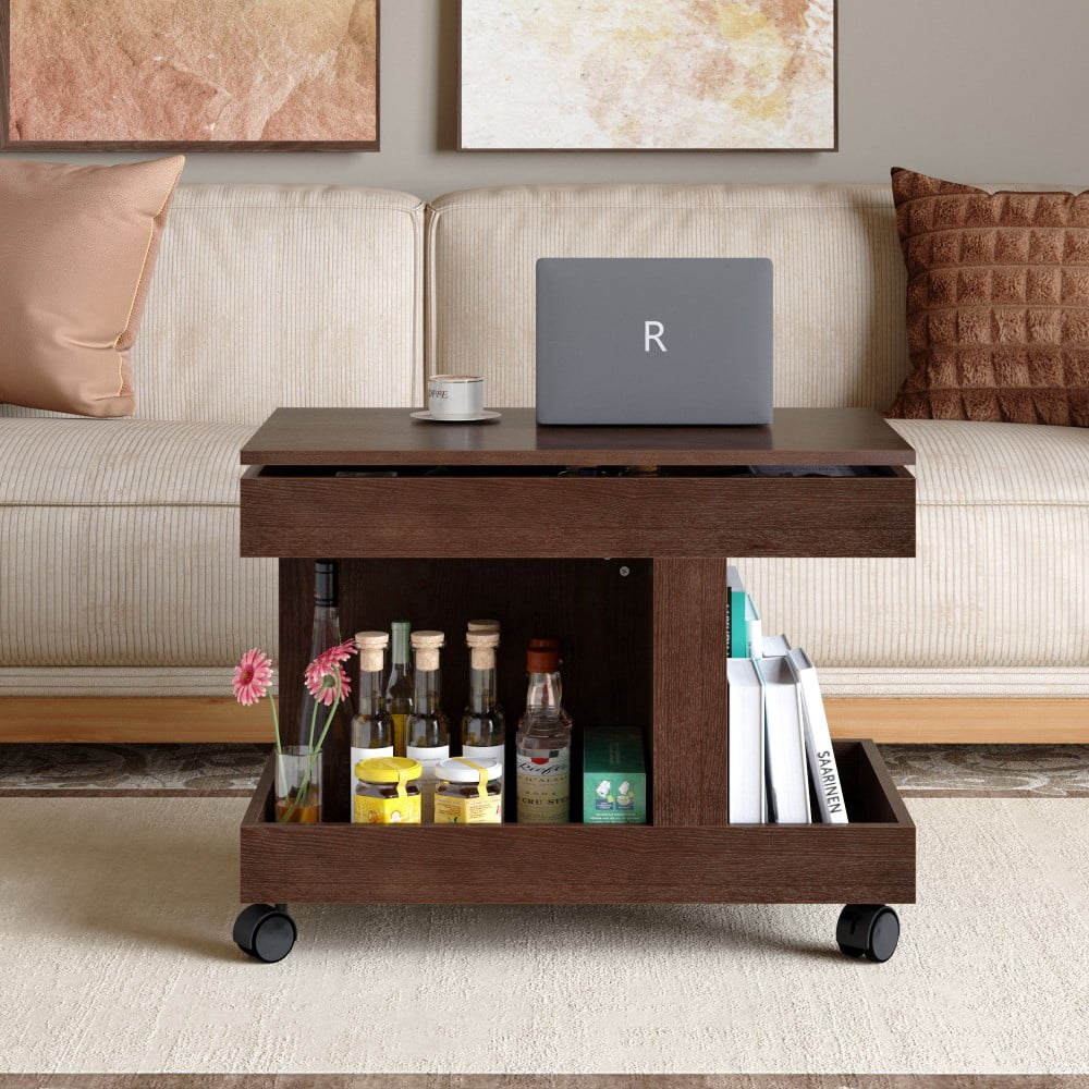 Small Coffee Table with Wheels, 360° Rotating Lift-Top Desktop, Rolling End Table with Storage Shelf, Mobile Bedside Table for Living Room & Bedroom, Walnut Brown