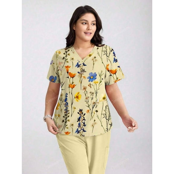Cimmuovere Women's V-Neck Loose Short Sleeve Cute Print Double Pocket Scrubs Nurse Scrubs Workwear Dentist Healthcare Pet Hospital Laboratory Top